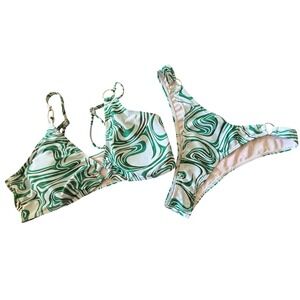 Green Marble Swirl Print O-Ring Bikini Set Two Piece Swimsuit Medium Mens